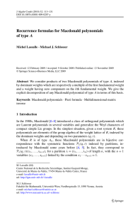 Recurrence formulas for Macdonald polynomials A Michel Lassalle · Michael J. Schlosser