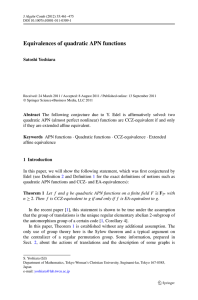 Equivalences of quadratic APN functions Satoshi Yoshiara