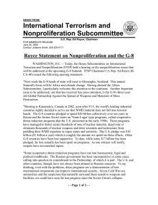 International Terrorism and Nonproliferation Subcommittee Royce Statement on Nonproliferation and the G-8