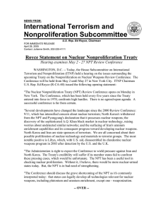 International Terrorism and Nonproliferation Subcommittee Royce Statement on Nuclear Nonproliferation Treaty