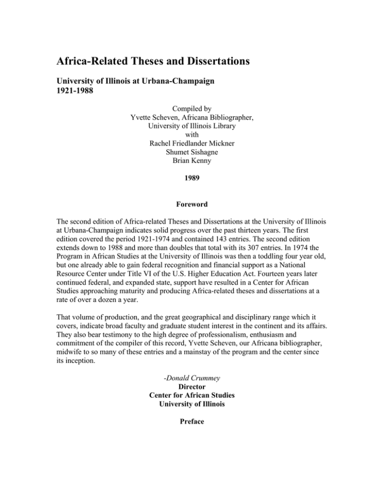 Africa Related Theses And Dissertations University Of Illinois At Urbana Champaign 1921 1988 