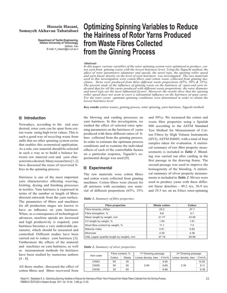 Optimizing Spinning Variables to Reduce the Hairiness of Rotor Yarns