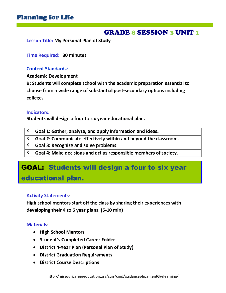 Planning For Life Grade Session Unit