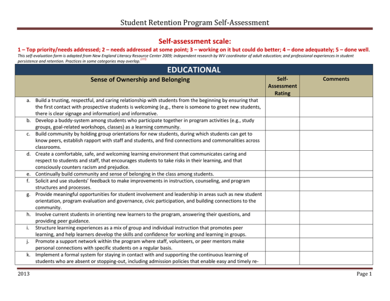 Student Retention Program Self-Assessment Self-assessment scale: