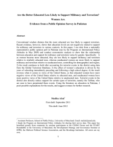 Are the Better Educated Less Likely to Support Militancy and Terrorism? Women Are. Evidence from a Public Opinion Survey in Pakistan