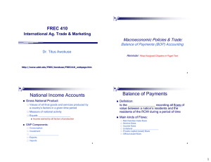 Balance of Payments National Income Accounts FREC 410 Macroeconomic Policies &amp; Trade: