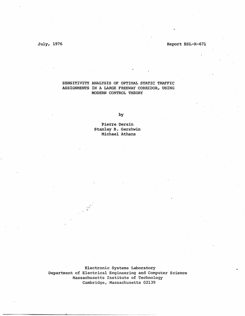 July 1976 Report Esl R 671 Sensitivity Analysis Of Optimal Static Traffic