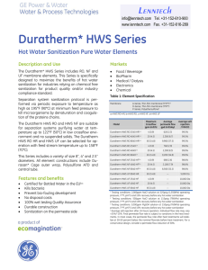 Duratherm* HWS Series Hot Water Sanitization Pure Water Elements Description and Use Markets
