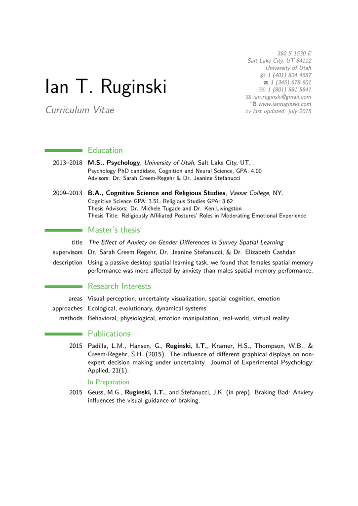 Ian T Ruginski Curriculum Vitae I Education