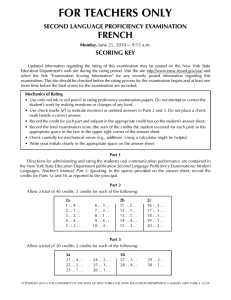 FOR TEACHERS ONLY FRENCH SECOND LANGUAGE PROFICIENCY EXAMINATION SCORING KEY