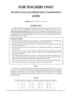 FOR TEACHERS ONLY LATIN SECOND LANGUAGE PROFICIENCY EXAMINATION SCORING KEY