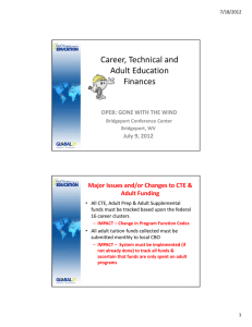 Career, Technical and  Adult Education Finances Major Issues and/or Changes to CTE &amp; 