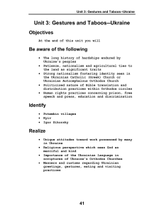 Unit 3: Gestures and Taboos--Ukraine Objectives Be aware of the following