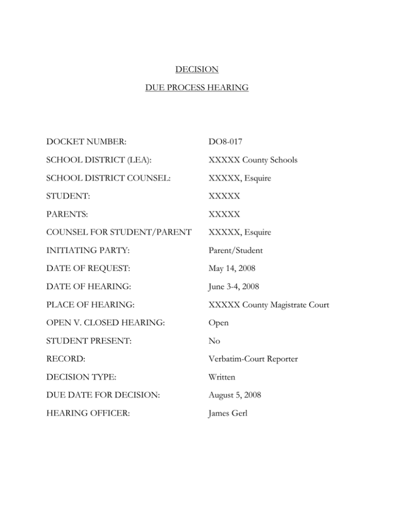 DECISION DUE PROCESS HEARING DOCKET NUMBER 