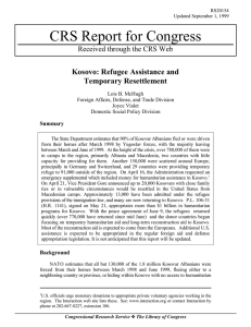 CRS Report for Congress Kosovo: Refugee Assistance and Temporary Resettlement