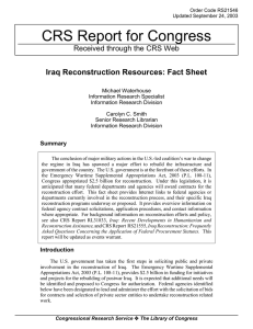 CRS Report for Congress Iraq Reconstruction Resources: Fact Sheet