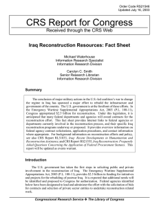 CRS Report for Congress Iraq Reconstruction Resources: Fact Sheet