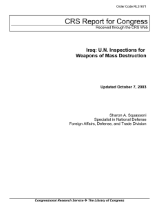 CRS Report for Congress Iraq: U.N. Inspections for Weapons of Mass Destruction