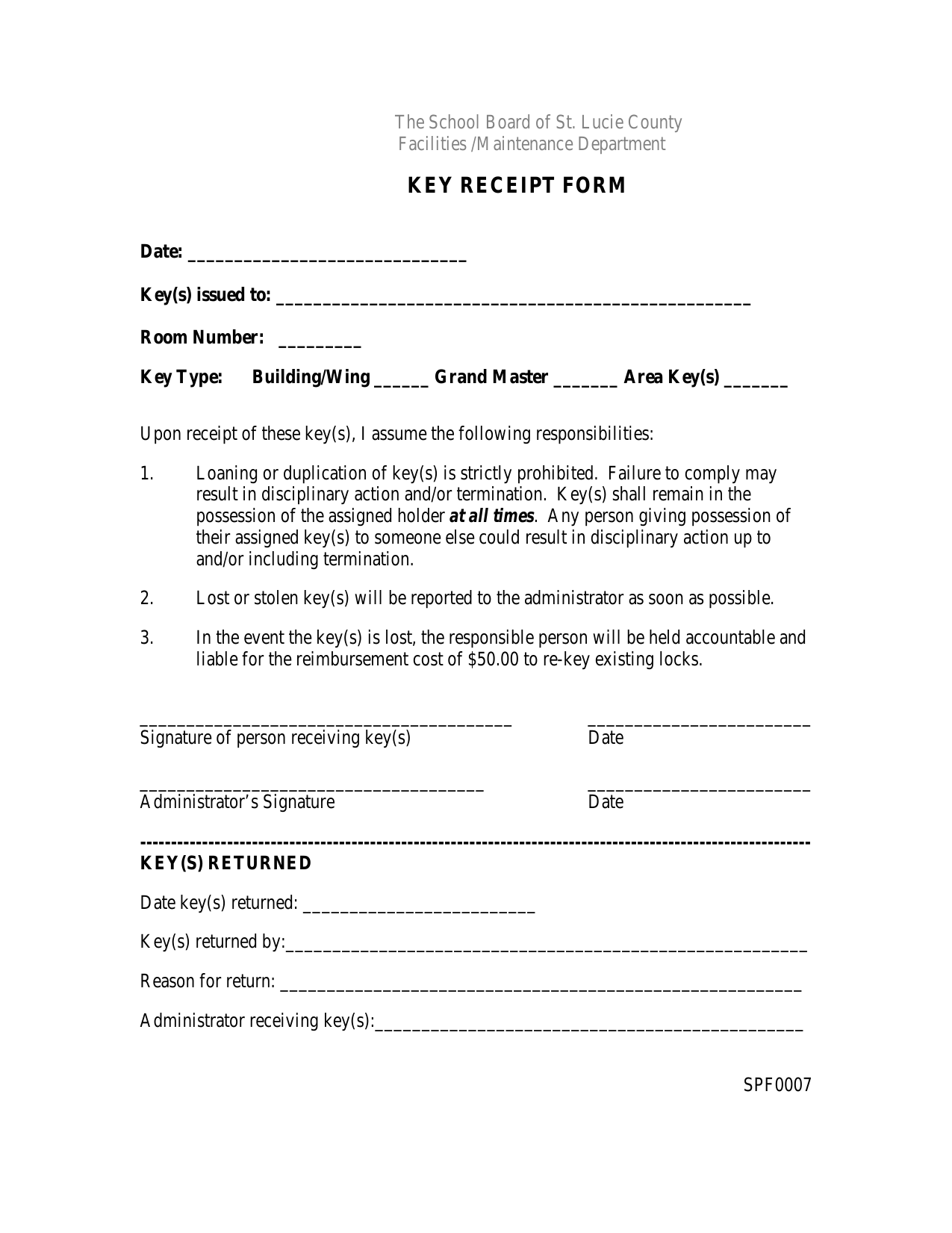 key receipt form