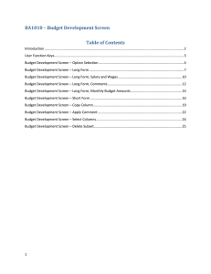 BA1010 – Budget Development Screen Table of Contents