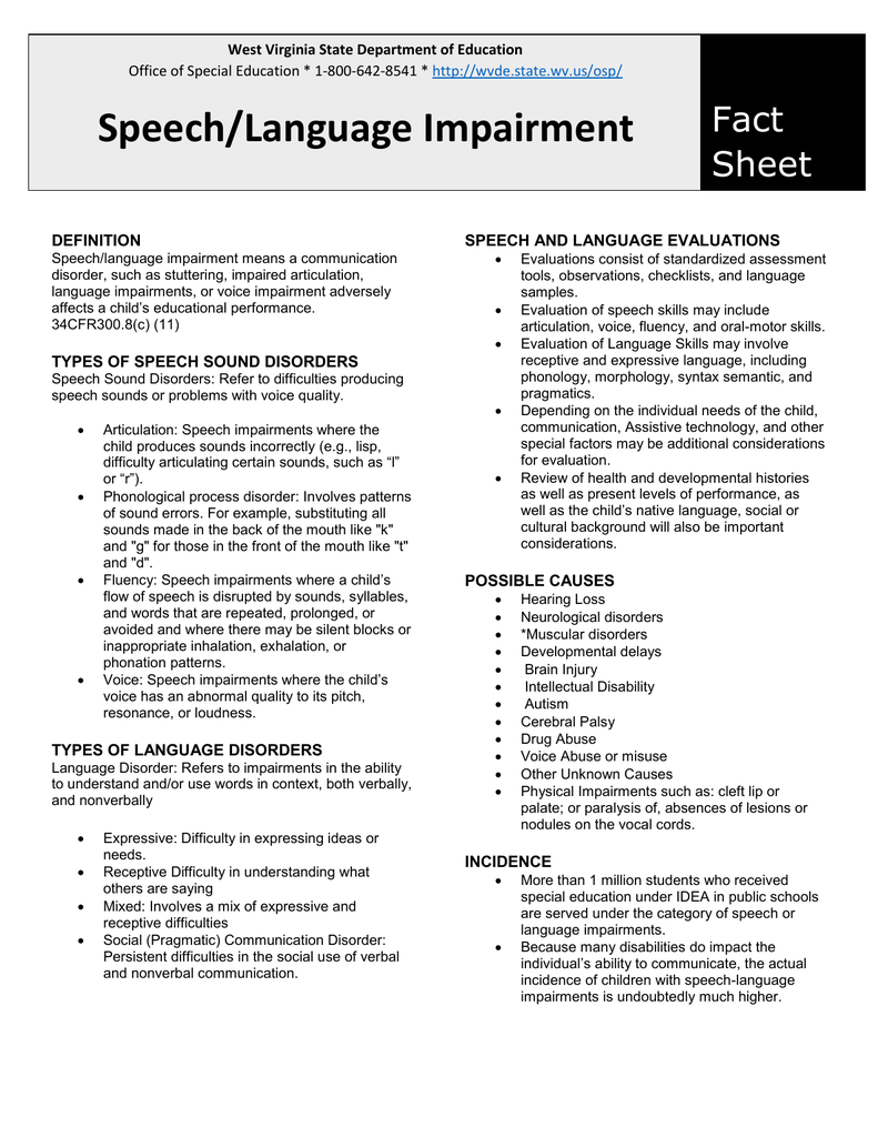 characteristics of a speech and language impairment