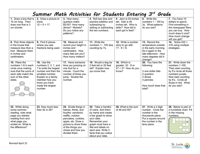 Summer Math Activities For Students Entering 3 Grade Rd