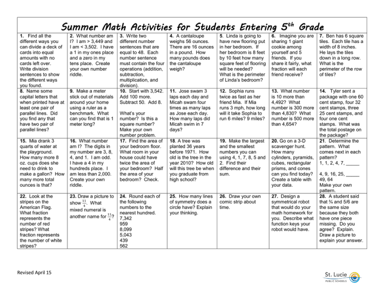 Summer Math Activities For Students Entering 5 Grade Th