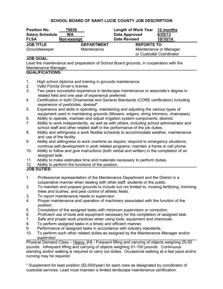 School Board Of Saint Lucie County Job, Landscape Maintenance Manager Job Description