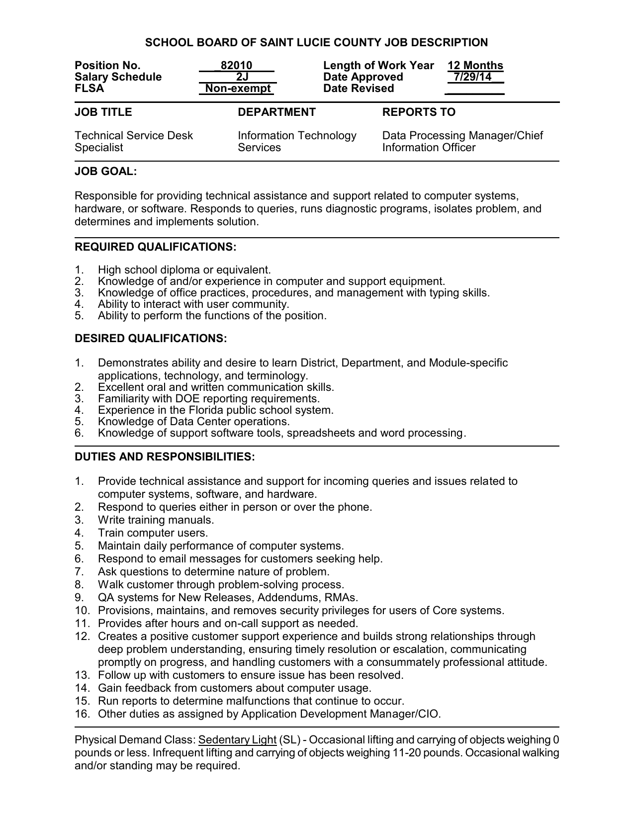 School Board Of Saint Lucie County Job Description Position No 82010