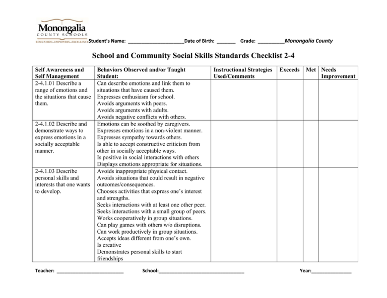 School And Community Social Skills Standards Checklist 2 4