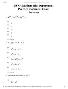 USNA Mathematics Department  Practice Placement Exam  Answers