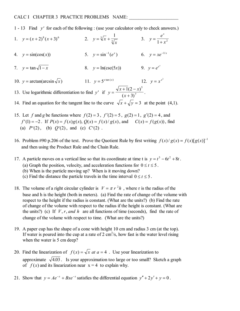 Calc I Chapter 3 Practice Problems 1 13 Find