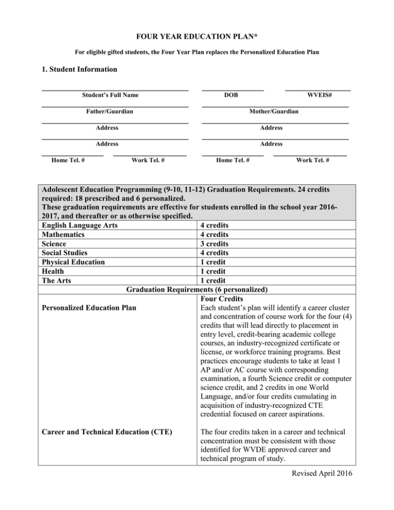 FOUR YEAR EDUCATION PLAN* 1. Student Information