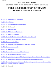 PART 219--PROTECTION OF HUMAN SUBJECTS--Table of Contents