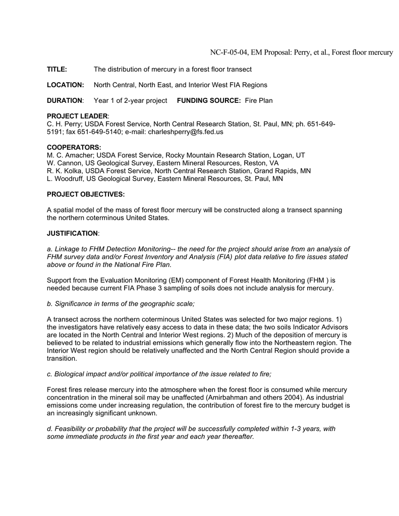 Nc F 05 04 Em Proposal Perry Et Al Forest Floor Mercury