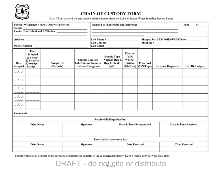Blank Printable Chain Of Custody Form Printable Templates