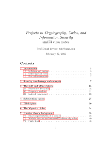 Projects in Cryptography, Codes, and Information Security sm473 class notes Contents