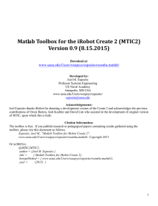 Matlab Toolbox for the iRobot Create 2 (MTIC2) Version 0.9 (8.15.2015)  www.usna.edu/Users/weapsys/esposito/roomba.matlab/