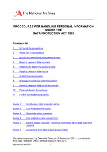 PROCEDURES FOR HANDLING PERSONAL INFORMATION UNDER THE DATA PROTECTION ACT 1998