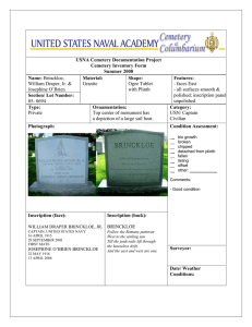 USNA Cemetery Documentation Project Cemetery Inventory Form Summer 2008 Name: