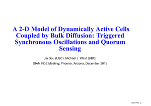 A 2-D Model of Dynamically Active Cells Synchronous Oscillations and Quorum