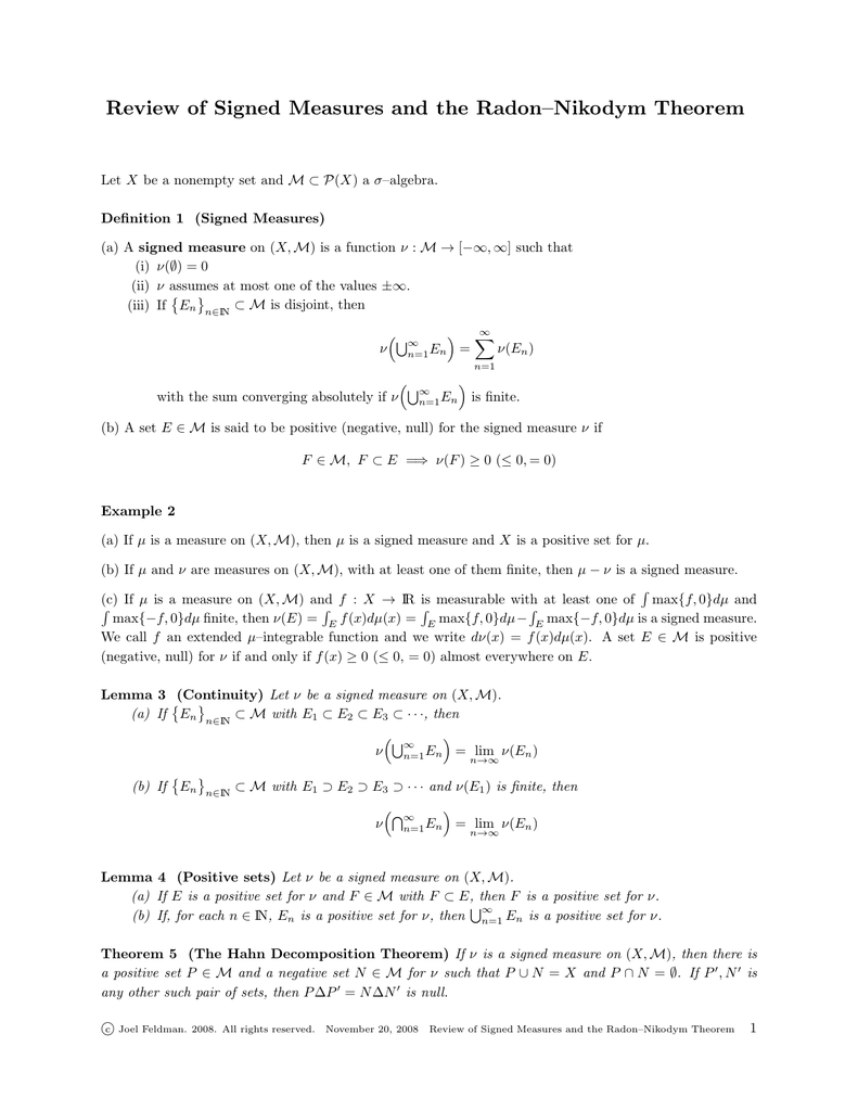 Review Of Signed Measures And The Radon Nikodym Theorem