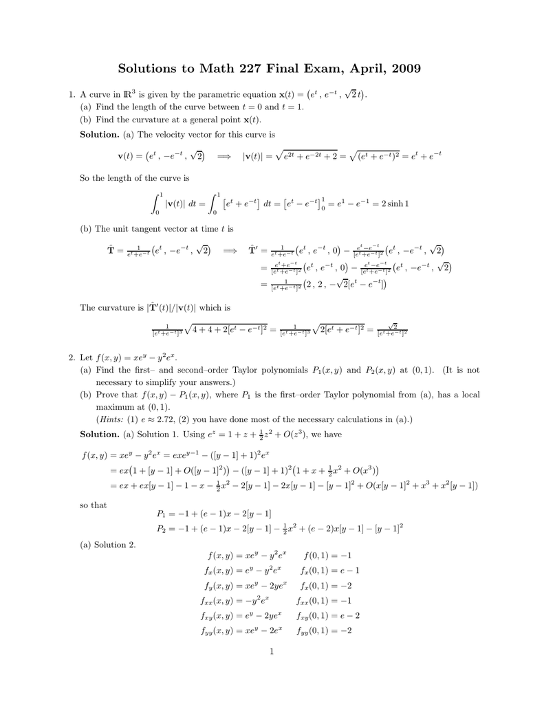 Solutions To Math 227 Final Exam April 09