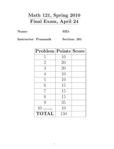 Math 121, Spring 2010 Final Exam, April 24 Problem Points Score 1