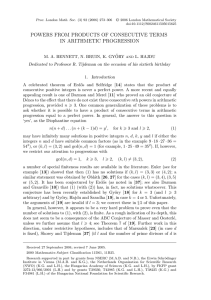 POWERS FROM PRODUCTS OF CONSECUTIVE TERMS IN ARITHMETIC PROGRESSION