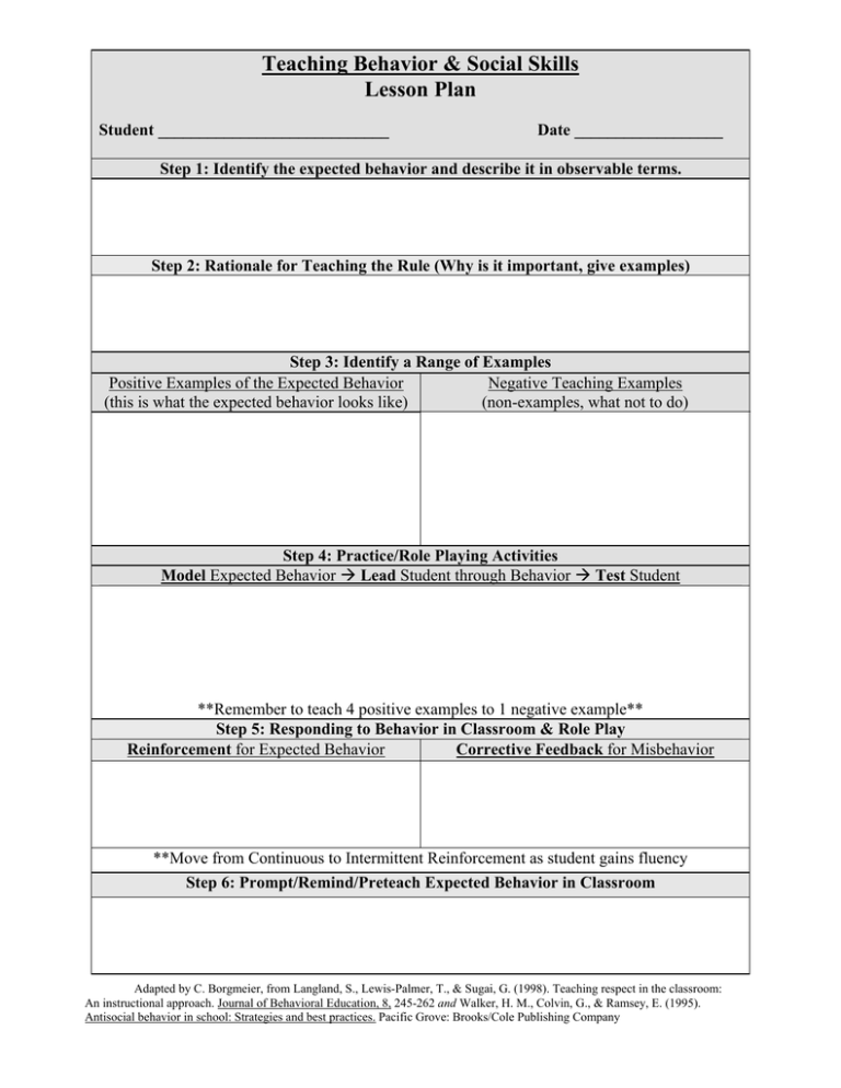 Teaching Behavior Social Skills Lesson Plan