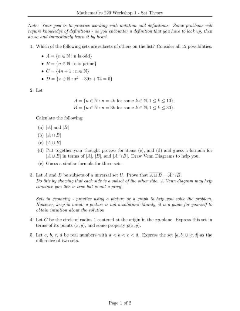 Mathematics 2 Workshop 1 Set Theory