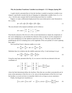 Why the Jacobian Transforms Variables in an Integral—C.E. Mungan, Spring...  A quick sketch is presented here of why the Jacobian... integral. I specifically consider the idea of changing two independent...