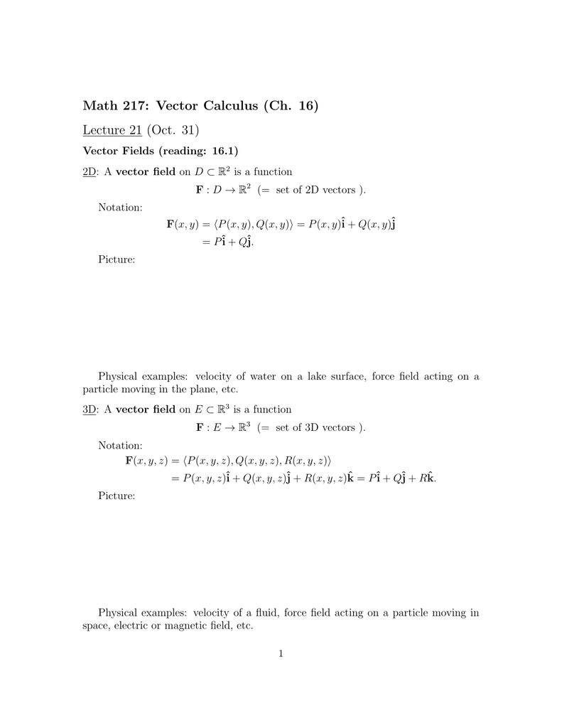 Math 217 Vector Calculus Ch 16 Lecture 21 Oct 31