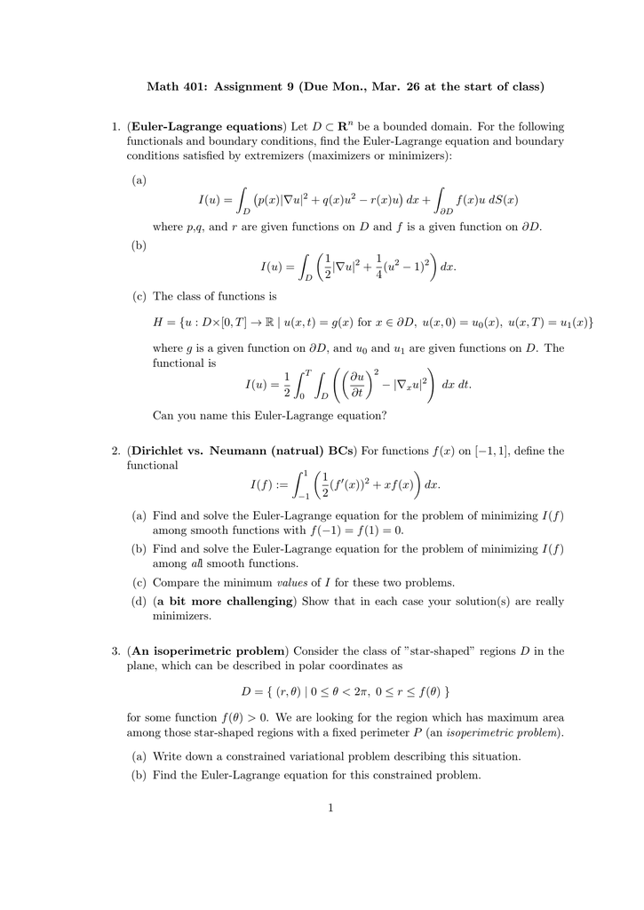 Math 401 Assignment 9 Due Mon Mar 26 At The 1 Euler Lagrange Equations Let D R